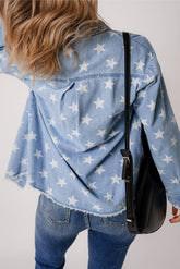 Star Print Light Wash Raw Hem Denim Jacket-PRE SALE